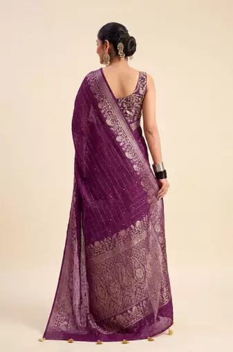 Purple solid chiffon ethnic saree with blouse