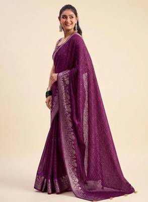 Purple solid chiffon ethnic saree with blouse 3