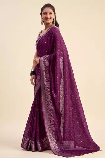 Purple solid chiffon ethnic saree with blouse