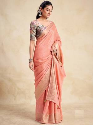 Peach solid chiffon ethnic saree with blouse 1