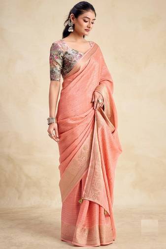 Peach solid chiffon ethnic saree with blouse