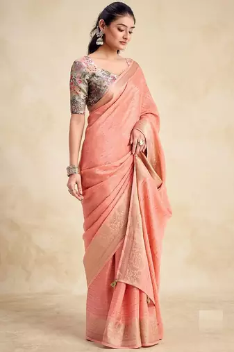 Peach solid chiffon ethnic saree with blouse