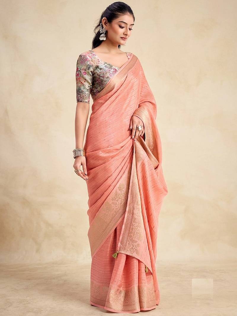 Peach solid chiffon ethnic saree with blouse