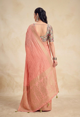 Peach solid chiffon ethnic saree with blouse 2