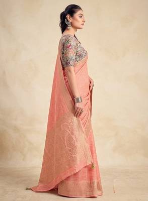 Peach solid chiffon ethnic saree with blouse 3