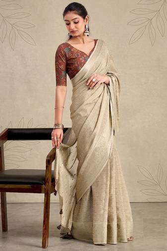 Beige solid chiffon ethnic saree with blouse