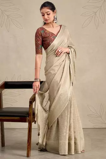 Beige solid chiffon ethnic saree with blouse