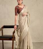 Beige solid chiffon ethnic saree with blouse