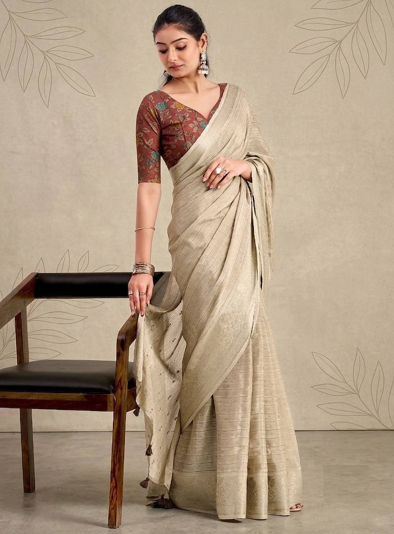 Beige solid chiffon ethnic saree with blouse