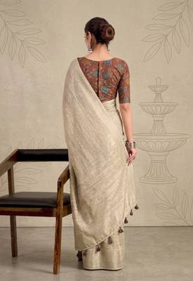 Beige solid chiffon ethnic saree with blouse 2