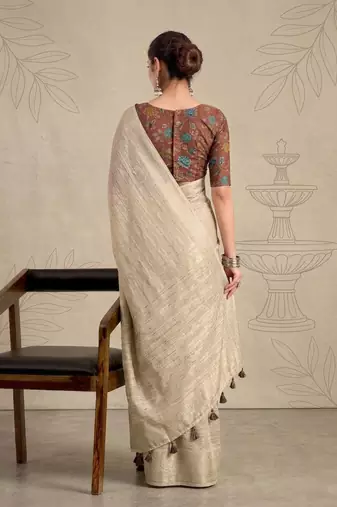 Beige solid chiffon ethnic saree with blouse