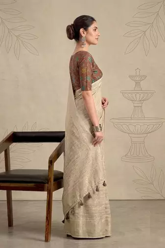 Beige solid chiffon ethnic saree with blouse