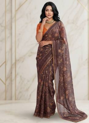 Brown floral georgette ethnic saree with blouse 1