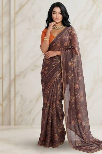 Brown floral georgette ethnic saree with blouse