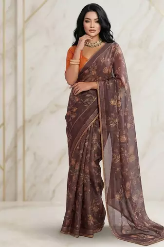 Brown floral georgette ethnic saree with blouse