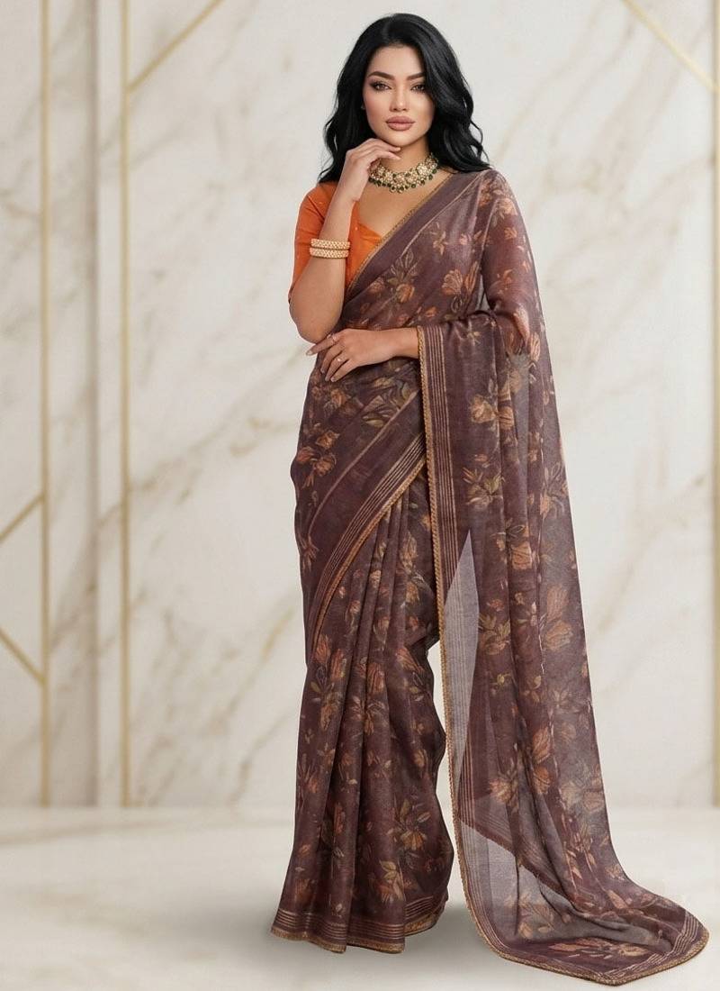 Brown floral georgette ethnic saree with blouse