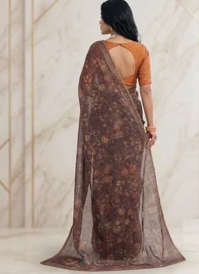 Brown floral georgette ethnic saree with blouse 2