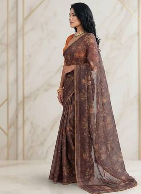Brown floral georgette ethnic saree with blouse 3