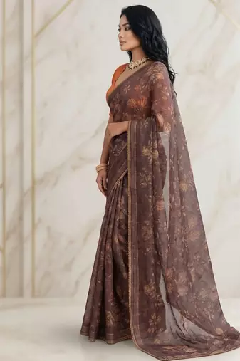 Brown floral georgette ethnic saree with blouse