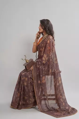 Brown floral georgette ethnic saree with blouse