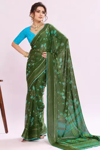 Green floral georgette ethnic saree with blouse