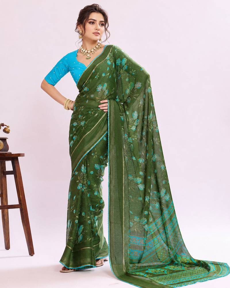 Green floral georgette ethnic saree with blouse