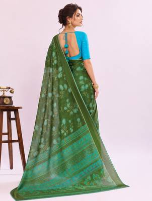 Green floral georgette ethnic saree with blouse 2
