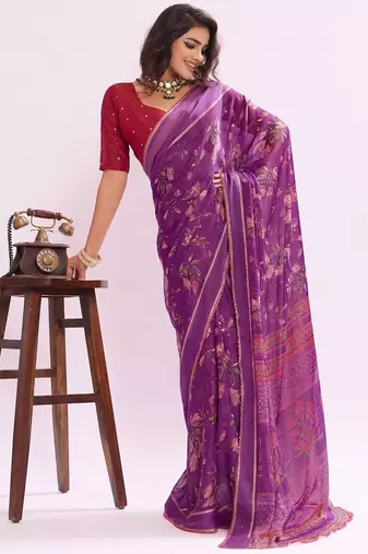 Purple floral georgette ethnic saree with blouse