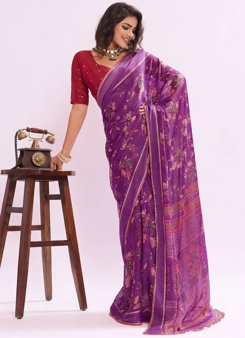 Purple floral georgette ethnic saree with blouse
