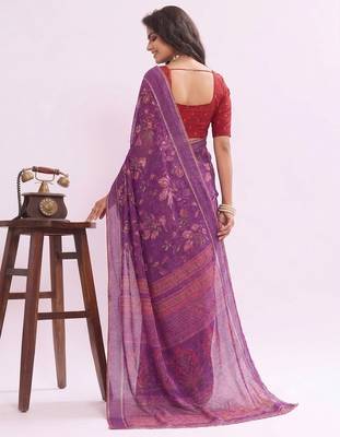 Purple floral georgette ethnic saree with blouse 2