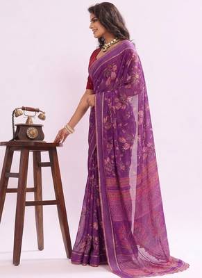 Purple floral georgette ethnic saree with blouse 3