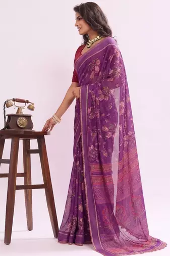 Purple floral georgette ethnic saree with blouse