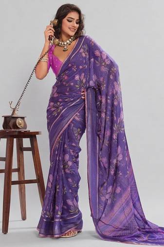 Violet floral georgette ethnic saree with blouse