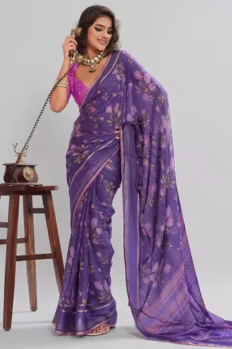 Violet floral georgette ethnic saree with blouse