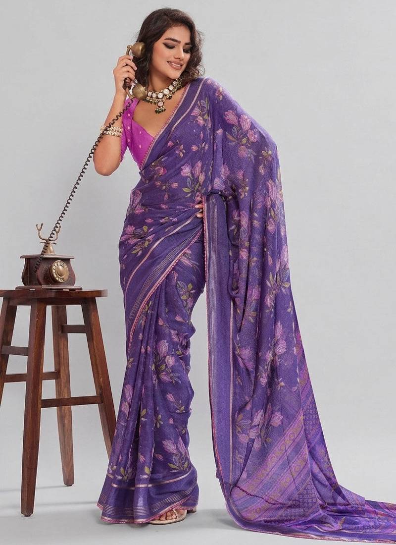 Violet floral georgette ethnic saree with blouse