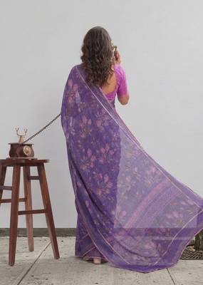 Violet floral georgette ethnic saree with blouse 2
