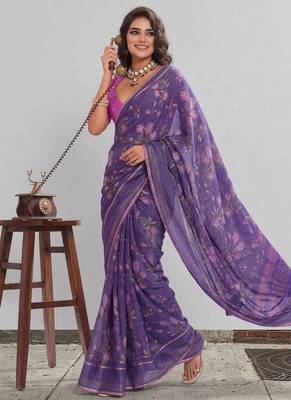 Violet floral georgette ethnic saree with blouse 3