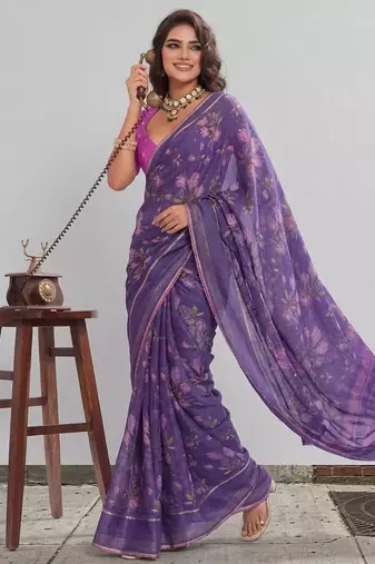 Violet floral georgette ethnic saree with blouse