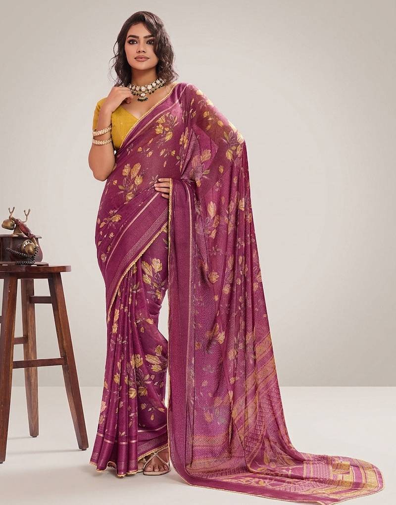Wine floral georgette ethnic saree with blouse