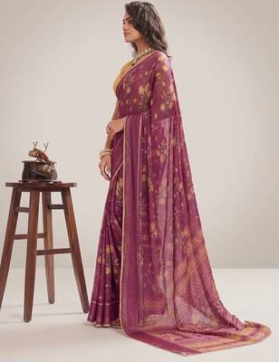 Wine floral georgette ethnic saree with blouse 3