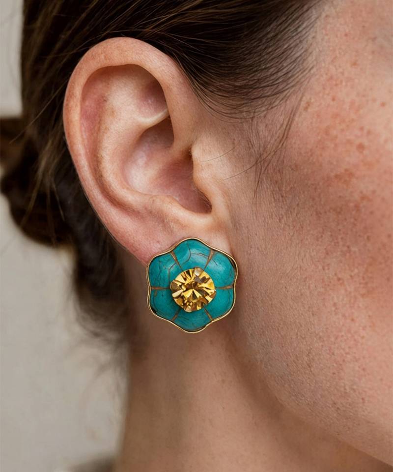 Gold plated turquoise citrine crystal stud earrings