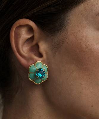 Gold plated turquoise blue stone crystal stud earrings 1