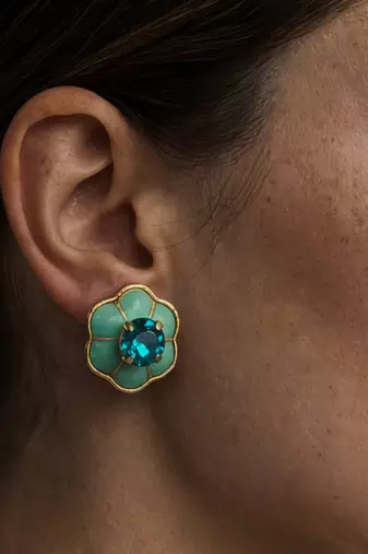Gold plated turquoise blue stone crystal stud earrings