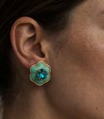 Gold plated turquoise blue stone crystal stud earrings