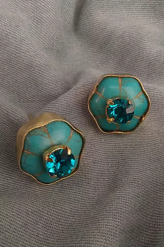 Gold plated turquoise blue stone crystal stud earrings