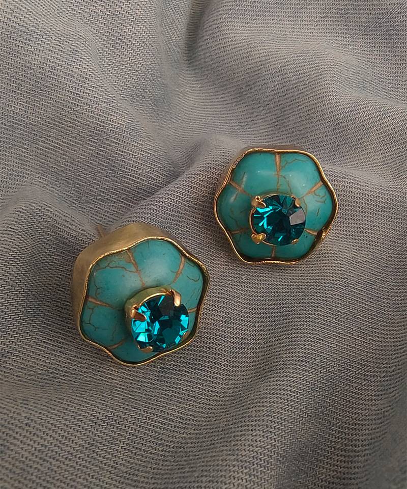 Gold plated turquoise blue stone crystal stud earrings
