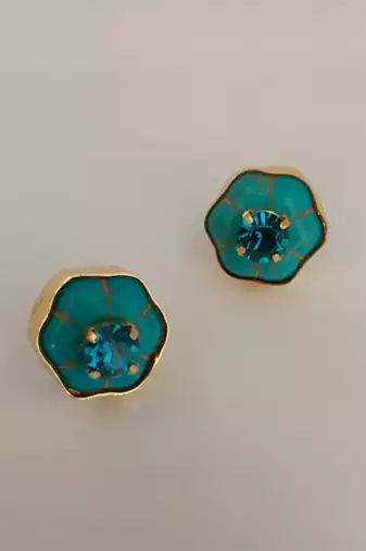 Gold plated turquoise blue stone crystal stud earrings