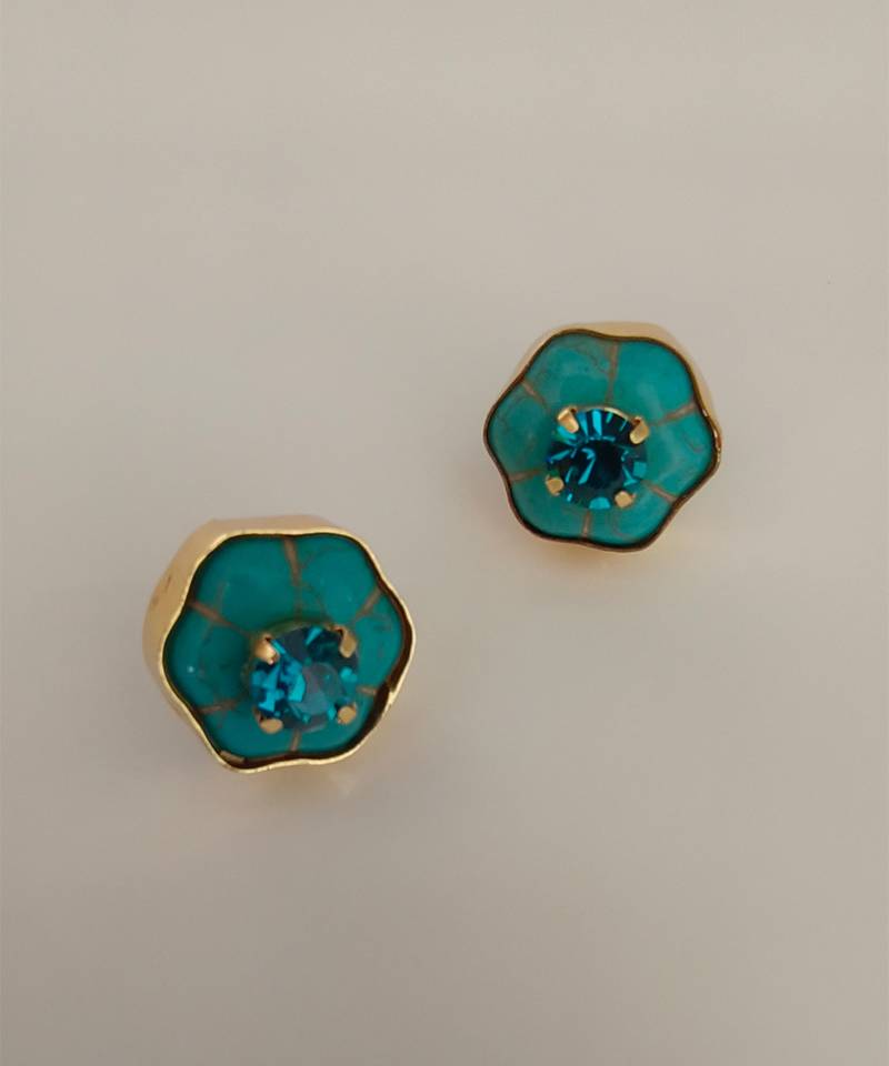 Gold plated turquoise blue stone crystal stud earrings