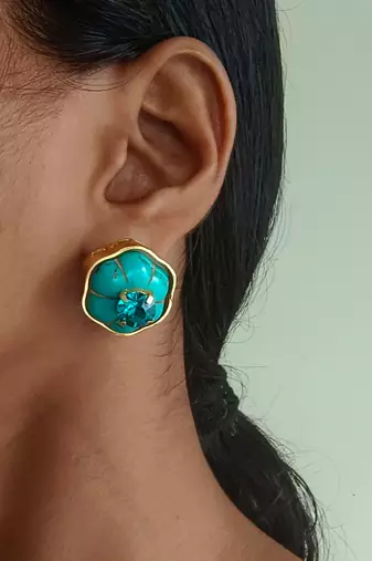 Gold plated turquoise blue stone crystal stud earrings
