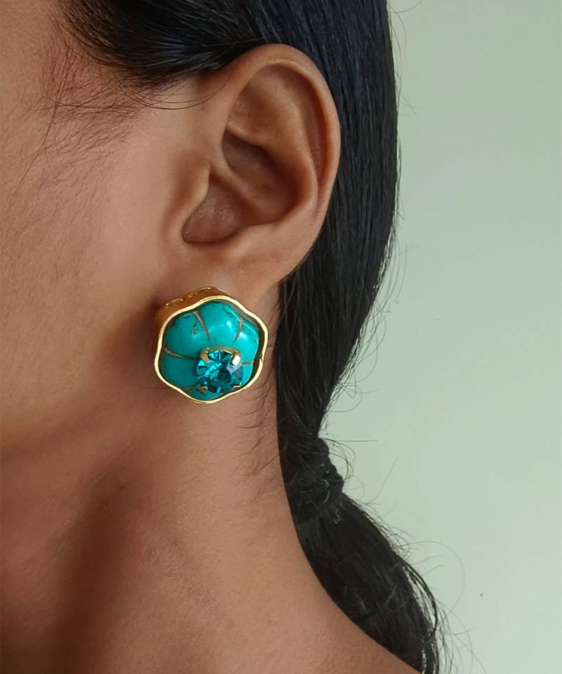 Gold plated turquoise blue stone crystal stud earrings